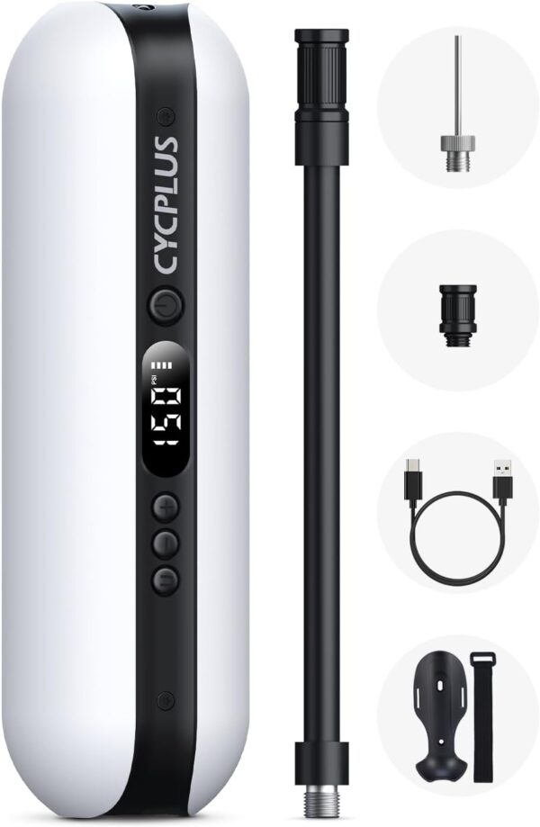 CYCPLUS Electric Air Compressor Portable Bicycle Pump Car Tire Inflator, Max 150 PSI, Auto Shut-Off Air Pump with Presta and Schrader Valves for All Bicycles Motorcycles and Cars(White)