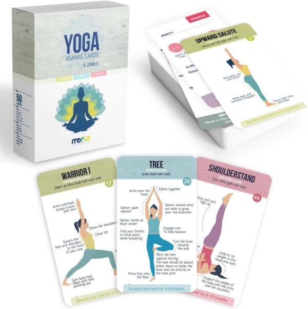 merka Yoga Cards, 50 Flash Cards Deck with Poses for Class Sequencing and Practice, Sanskrit and Cues for Beginners, Teachers, Women Workout Fitness