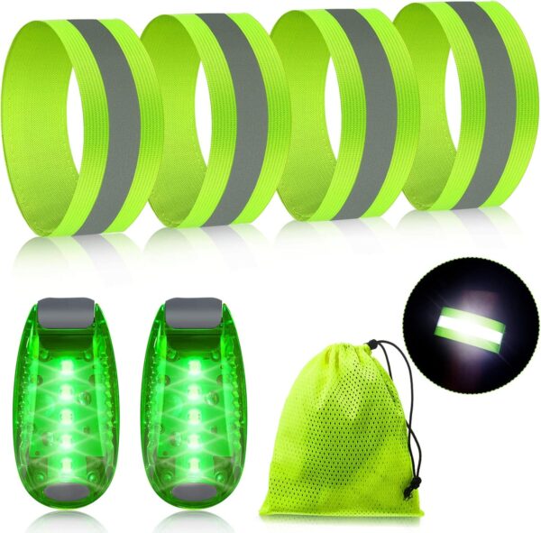 Reflective Running Gear Set Include 2 Pieces LED Safety Lights and 4 Reflective Bands for Wrist Arm Ankle Leg Reflective Straps Tape High Visibility Reflector Bands Strobe Running Light for Woman Men