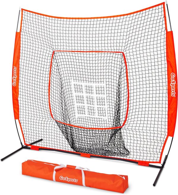 GoSports 7 ft x 7 ft Baseball & Softball Practice Hitting & Pitching Net with Bow Type Frame, Carry Bag and Strike Zone - Choose Red, Black, or PRO, Great for All Skill Levels