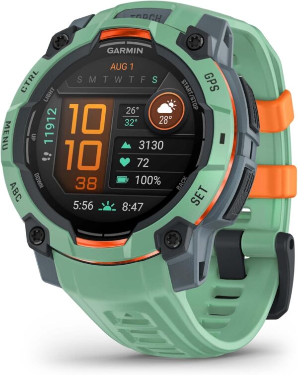 Garmin Instinct® 3 45mm, AMOLED Display, Rugged Outdoor GPS Smartwatch, Metal-Reinforced Bezel, Built-in Flashlight, Up to 18 Days of Battery Life, Neo Tropic