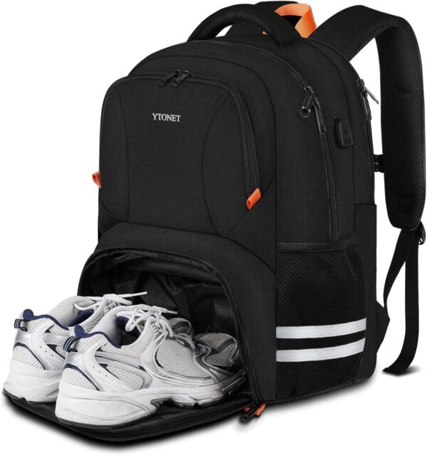 Ytonet Gym Backpack For Men Women, Travel Sports Track Backpack With Shoe Compartment USB Charging Port, Large Workout Laptop Backpack Water Resistant College Bag Fit 15.6 Inch, Camping, Black
