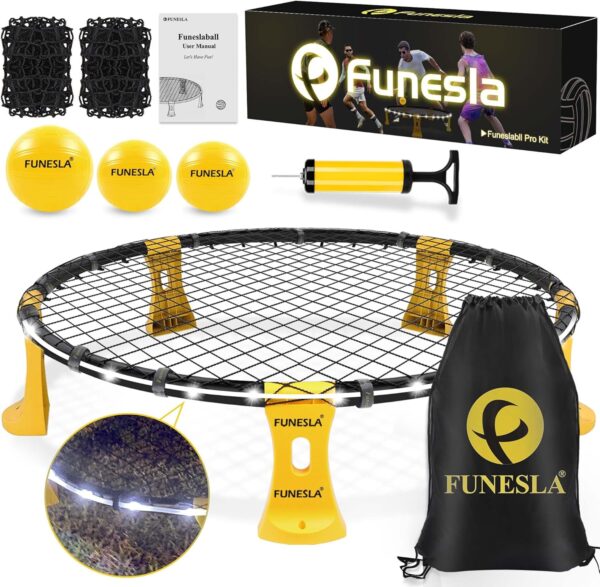 Outdoor Beach Ball Game Set with Light Strip,2 Nets,3 Balls and Carring Case,Roundnet Backyard Garden Game Set for Beginners & Pro Players