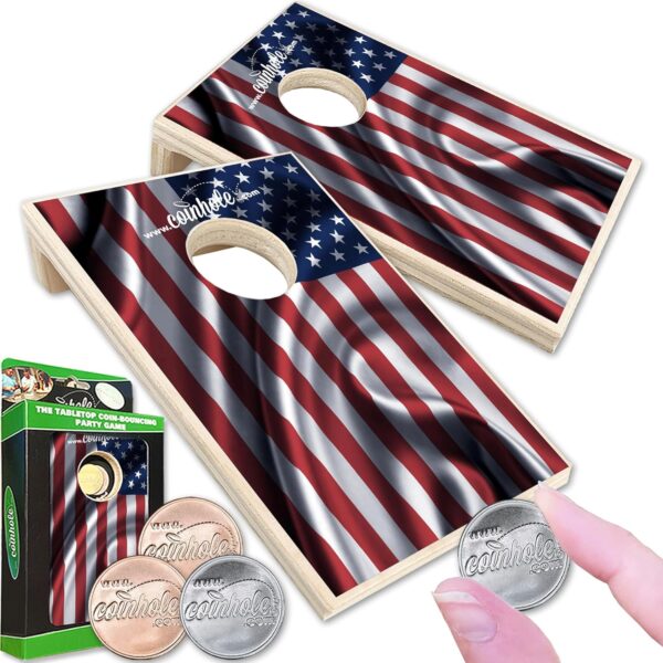Mini Cornhole Game Set | Portable Tabletop Bean Bag Toss Game for Indoor & Outdoor Fun | Includes Coins for Game Play (Full Game Set American Flag)