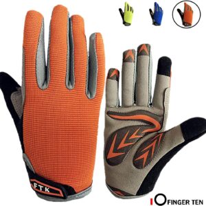 FINGER TEN Cycling Gloves Kids Boys Girls Youth Full Finger Pair Dirt Bike Riding, Children Toddler Touch Screen Mountain Road Bicycle Warm Cold Weather Gel Padded, Color Blue Orange